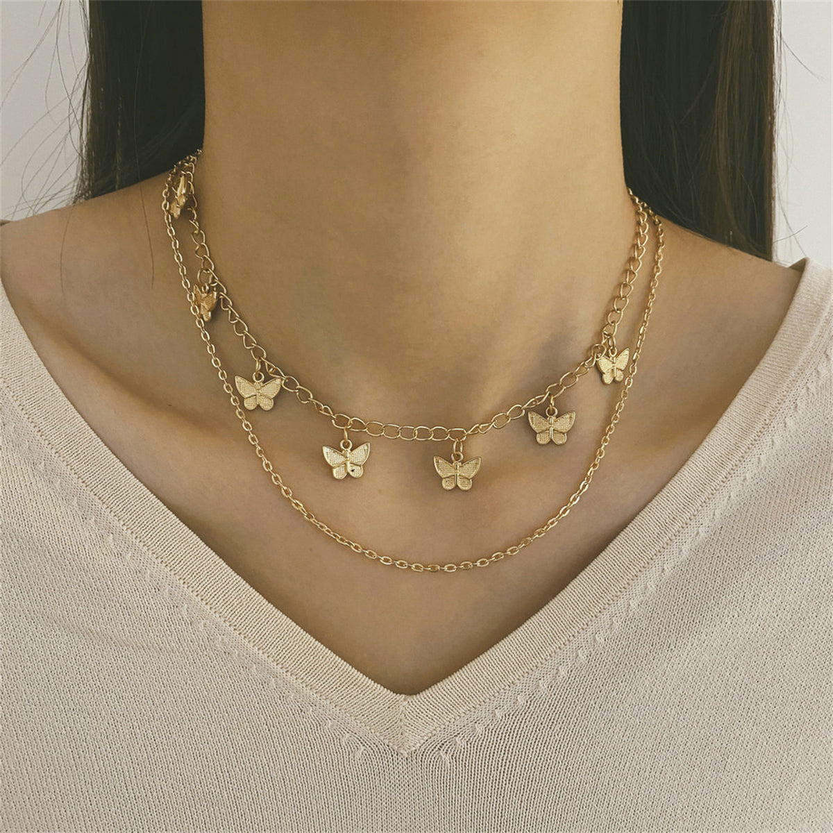 18K Gold-Plated Butterfly Station Layered Necklace, gold pendant necklace for women, everyday style, front view