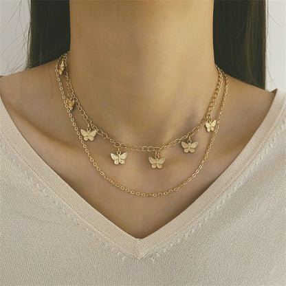 18K Gold-Plated Butterfly Station Layered Necklace, gold pendant necklace for women, everyday style, front view