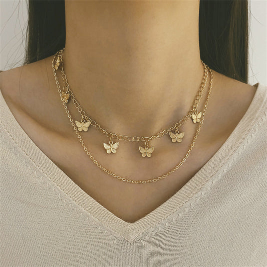 18K Gold-Plated Butterfly Station Layered Necklace, gold pendant necklace for women, everyday style, front view