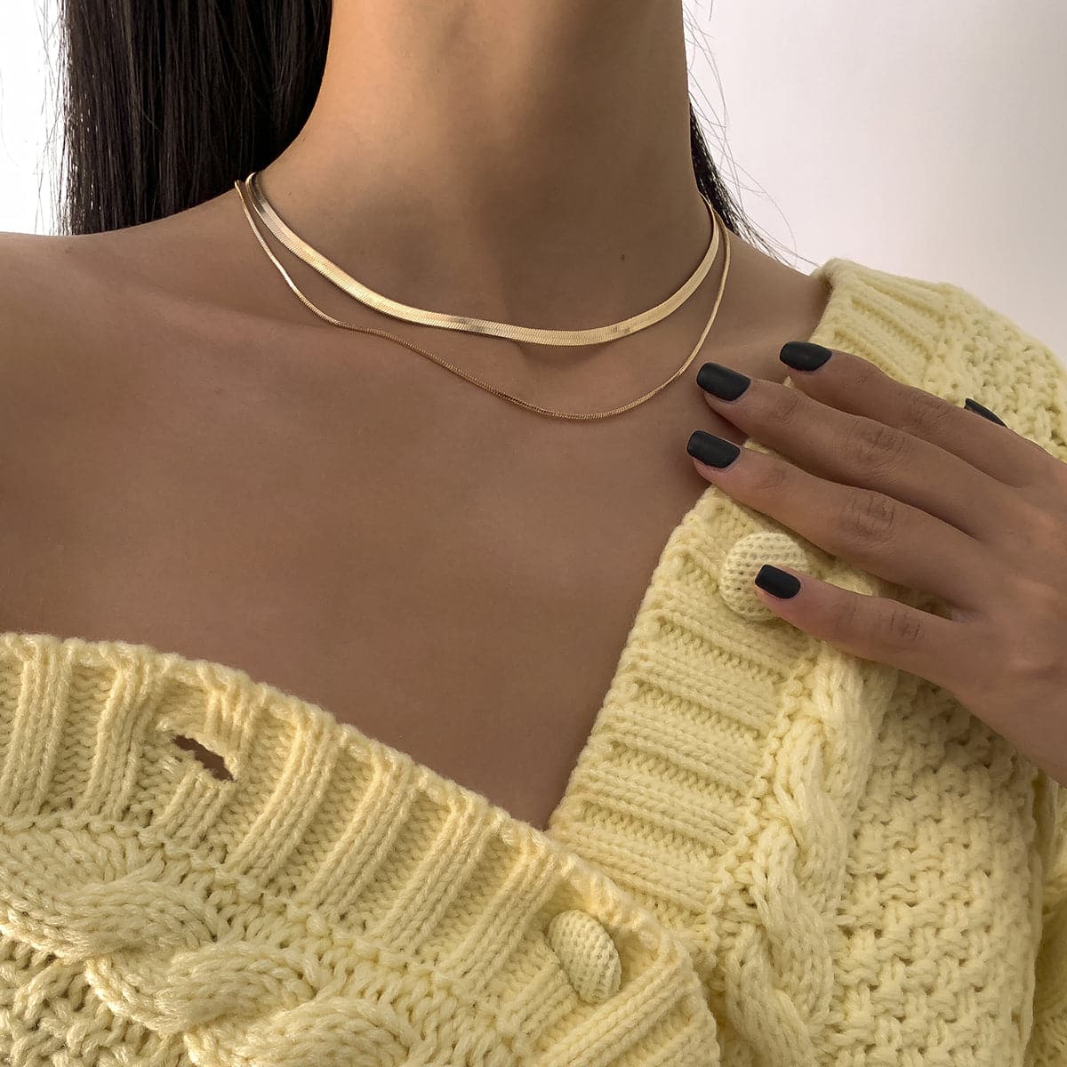 18K Gold-Plated Herringbone Double Layered Choker Necklace, gold pendant necklace for women, detail close-up