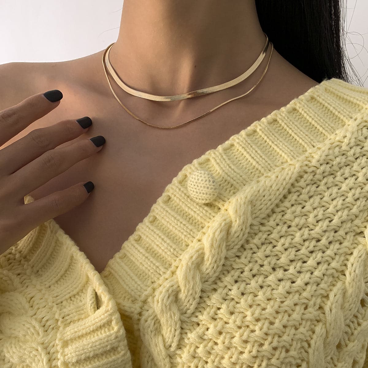 18K Gold-Plated Herringbone Double Layered Choker Necklace, gold pendant necklace for women, side view