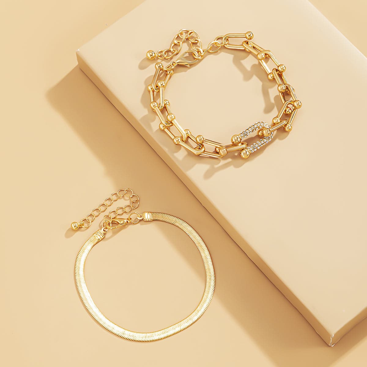 Cubic Zirconia & 18K Gold-Plated Vachette & Snake Chain Bracelet Set