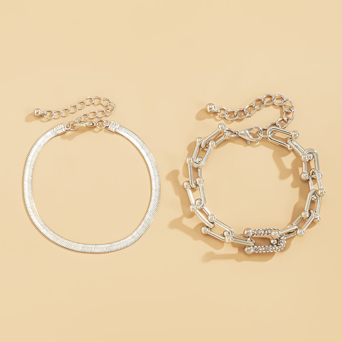 Cubic Zirconia & Silver-Plated Vachette & Snake Chain Bracelet Set