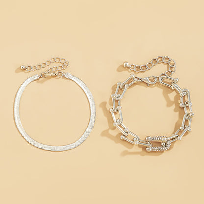 Cubic Zirconia & Silver-Plated Vachette & Snake Chain Bracelet Set