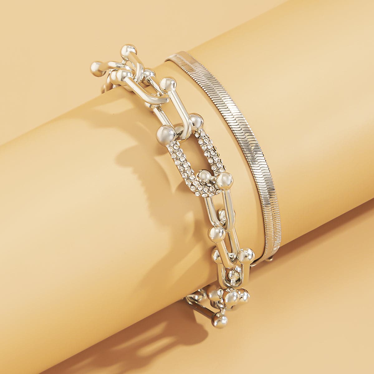 Cubic Zirconia & Silver-Plated Vachette & Snake Chain Bracelet Set