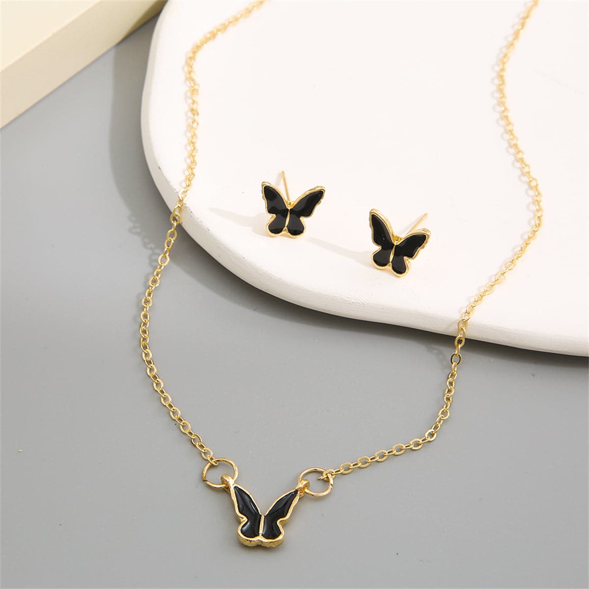 Black Enamel & 18K Gold-Plated Butterfly Pendant Necklace Set