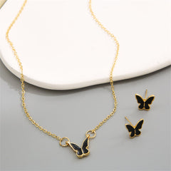 Black Enamel & 18K Gold-Plated Butterfly Pendant Necklace Set