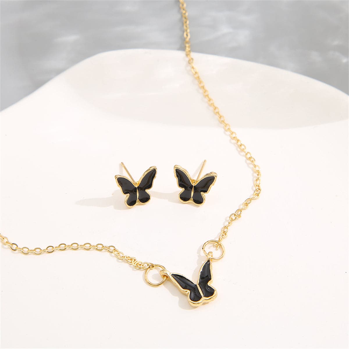 Black Enamel & 18K Gold-Plated Butterfly Pendant Necklace Set