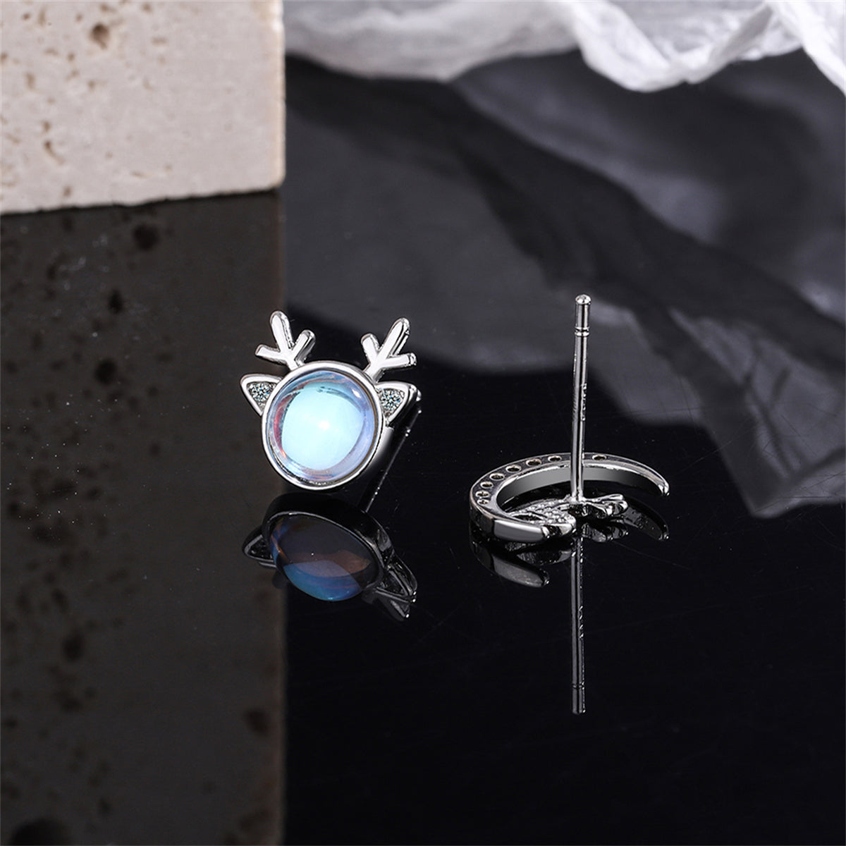 Moonstone and Silver-Plated Deer and Moon Mismatched Stud Earrings, silver stud earrings for women, side view