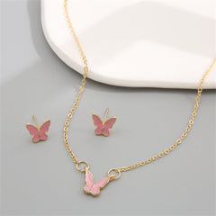 Pink Enamel & 18K Gold-Plated Butterfly Pendant Necklace & Stud Earrings