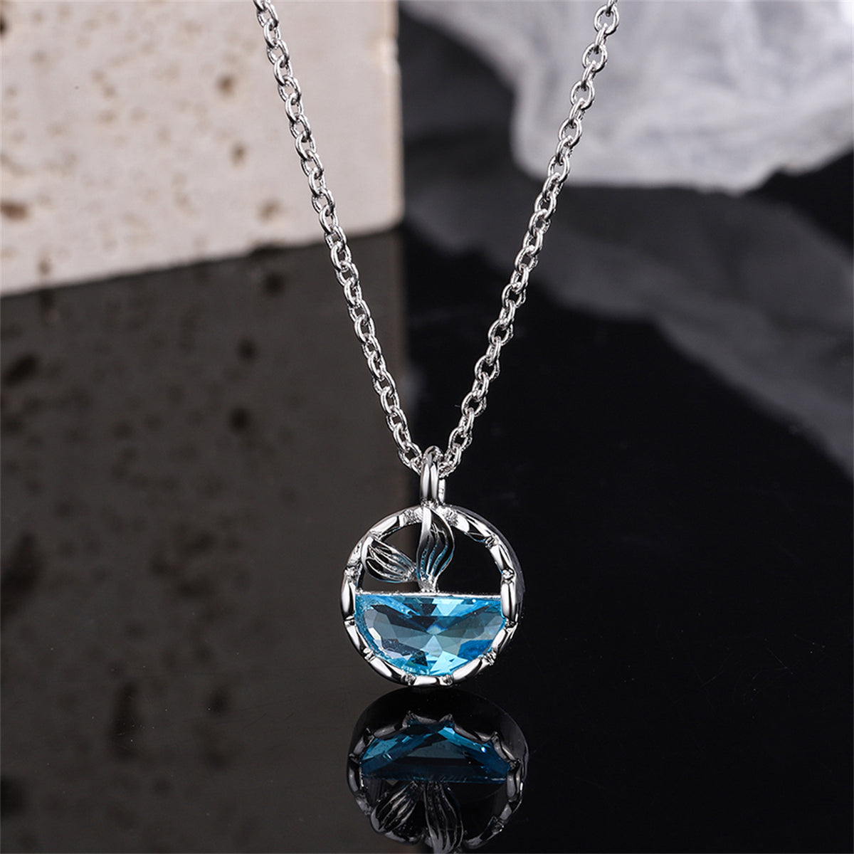Blue Crystal and Silver-Plated Circular Fishtail Pendant Necklace, silver pendant necklace for women, front view