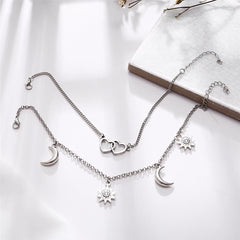 Silver-Plated Moon & Star Heart Charm Anklet Set