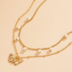 Pearl Station Necklace & 18K Gold-Plated Butterfly Pendant Necklace