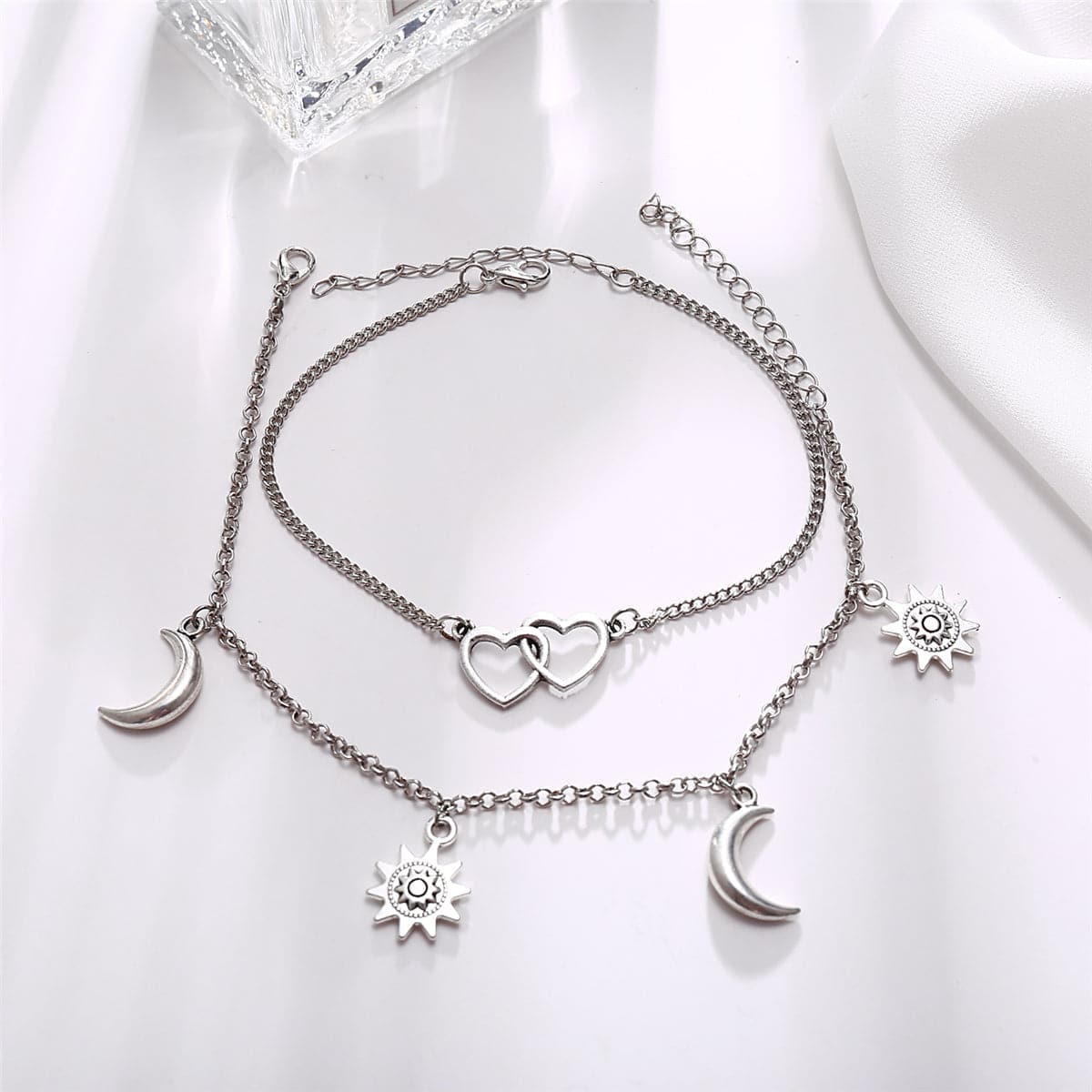 Silver-Plated Moon & Star Heart Charm Anklet Set