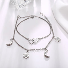 Silver-Plated Moon & Star Heart Charm Anklet Set
