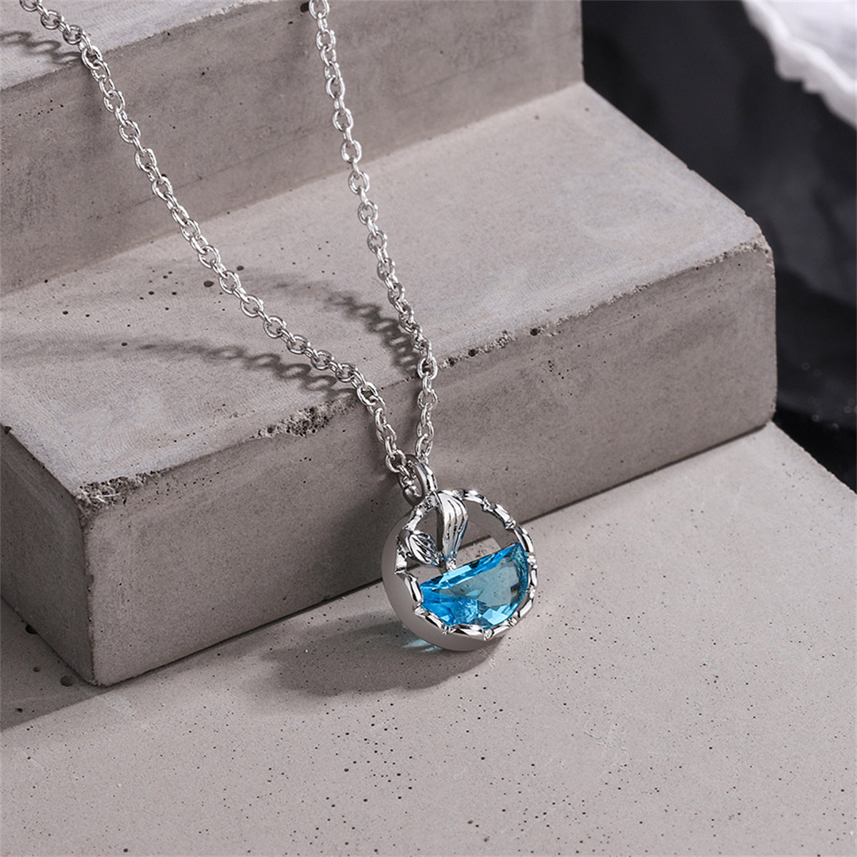 Blue Crystal and Silver-Plated Circular Fishtail Pendant Necklace, silver pendant necklace for women, side view