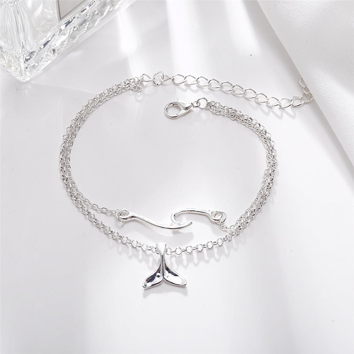 Silver-Plated Wave & Fish Tail Charm Layer Anklet