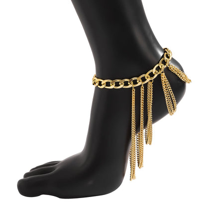 18K Gold-Plated Figaro Layered Tassel Anklet