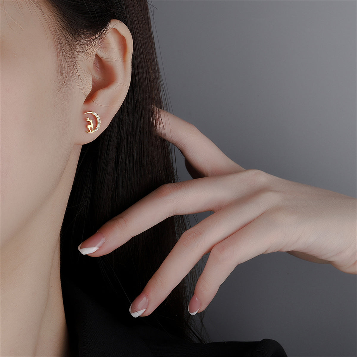 Moonstone and 18K Gold-Plated Deer and Moon Mismatched Stud Earrings, gold stud earrings for women, detail close-up