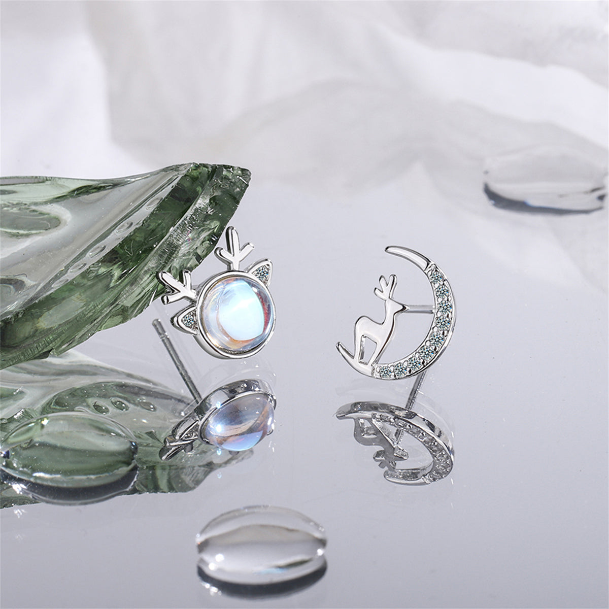 Moonstone and Silver-Plated Deer and Moon Mismatched Stud Earrings, silver stud earrings for women, detail close-up