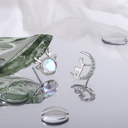 Moonstone and Silver-Plated Deer and Moon Mismatched Stud Earrings, silver stud earrings for women, detail close-up