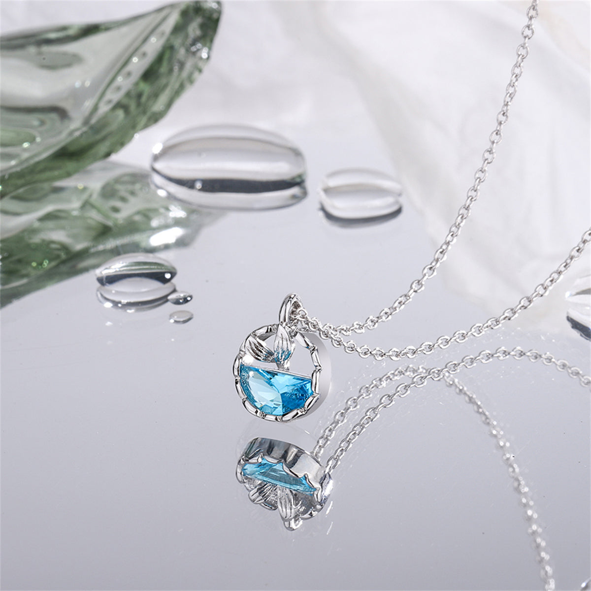 Blue Crystal and Silver-Plated Circular Fishtail Pendant Necklace, silver pendant necklace for women, lifestyle look