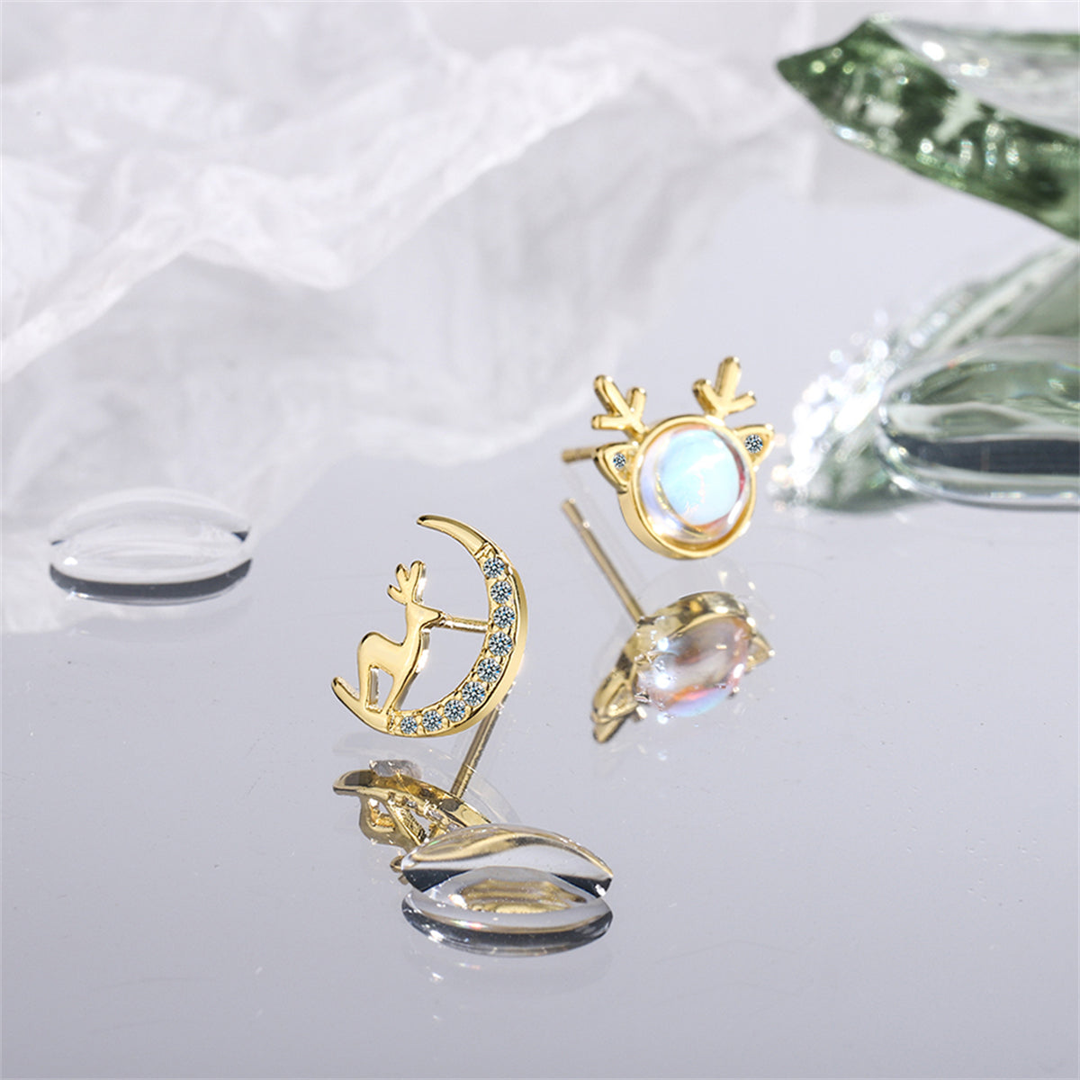 Moonstone and 18K Gold-Plated Deer and Moon Mismatched Stud Earrings, gold stud earrings for women, side view