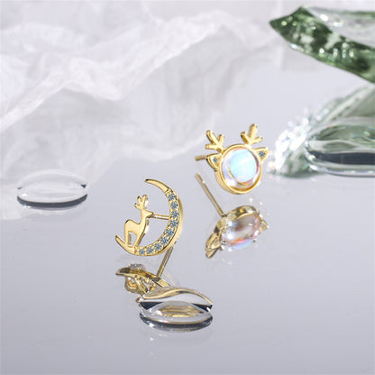 Moonstone and 18K Gold-Plated Deer and Moon Mismatched Stud Earrings, gold stud earrings for women, side view