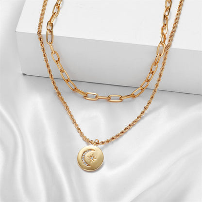 Cubic Zirconia and 18K Gold-Plated Celestial Coin Pendant Layered Necklace, gold pendant necklace for women, styled look