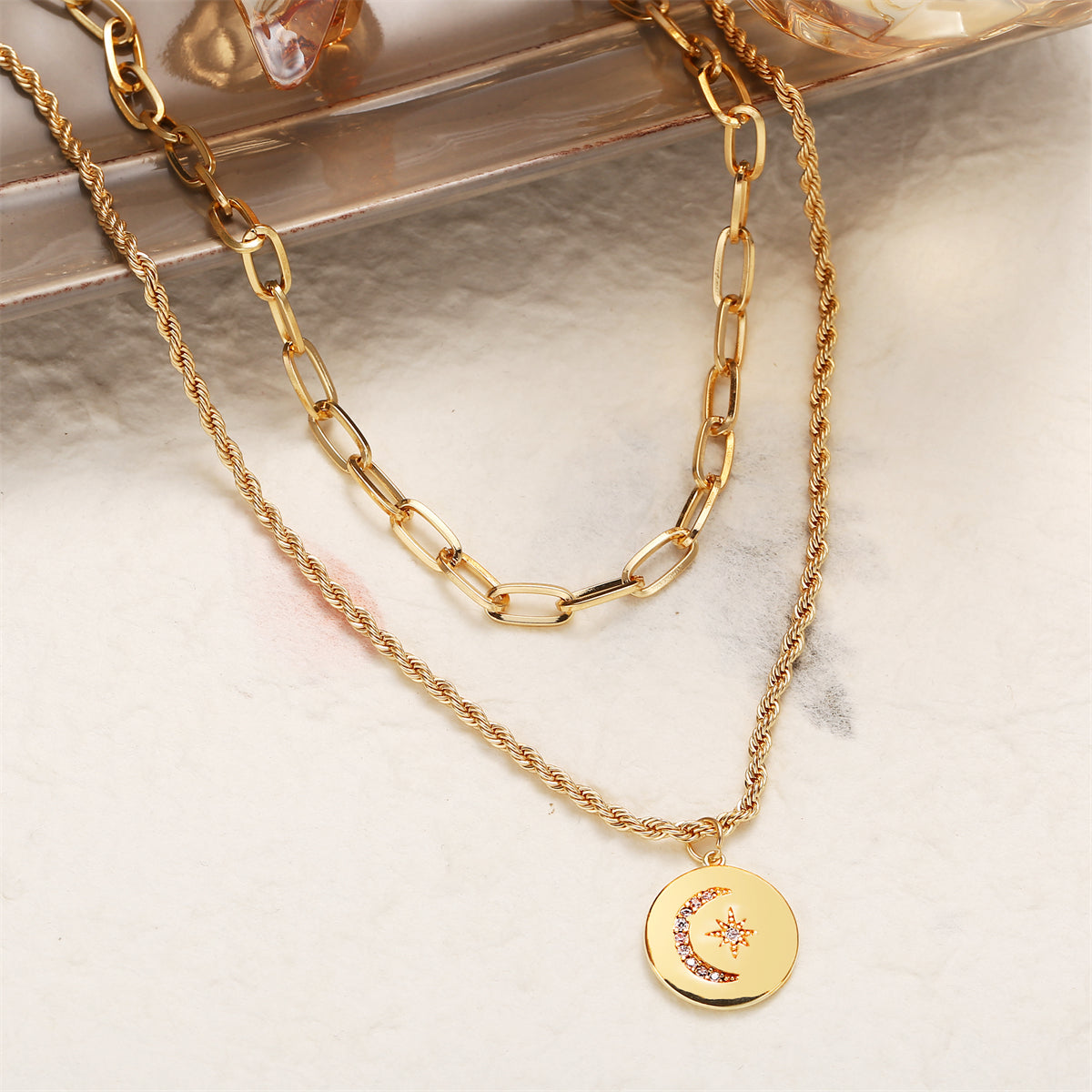 Cubic Zirconia & 18K Gold-Plated Celestial Coin Pendant Layered Necklace