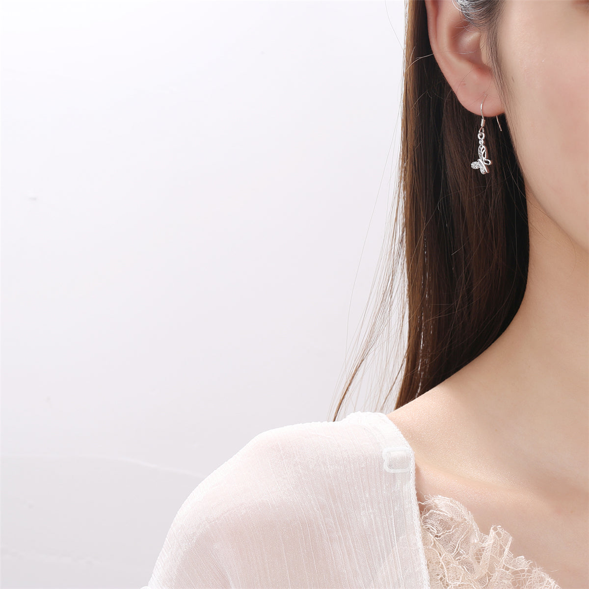 Cubic Zirconia & Silver-Plated Open Butterfly Dangle Earring