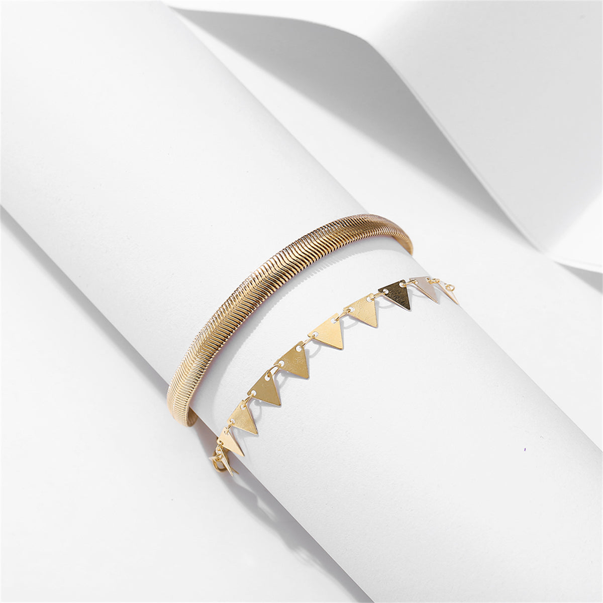 18K Gold-Plated Snake Chain and Triangle Station Anklet Set, jewelry gift sets for women, everyday style, lifestyle look