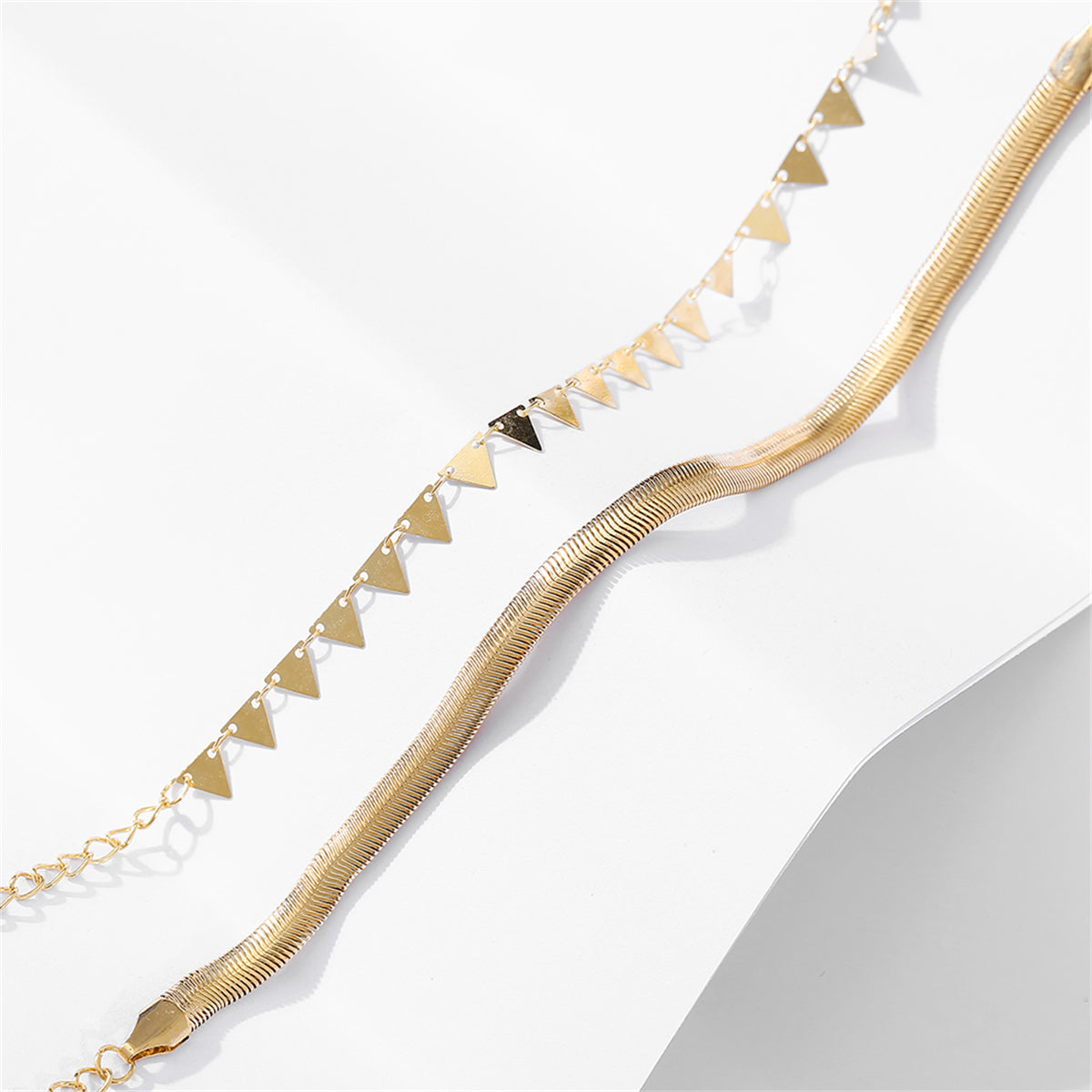 18K Gold-Plated Snake Chain and Triangle Station Anklet Set, jewelry gift sets for women, everyday style, styled look