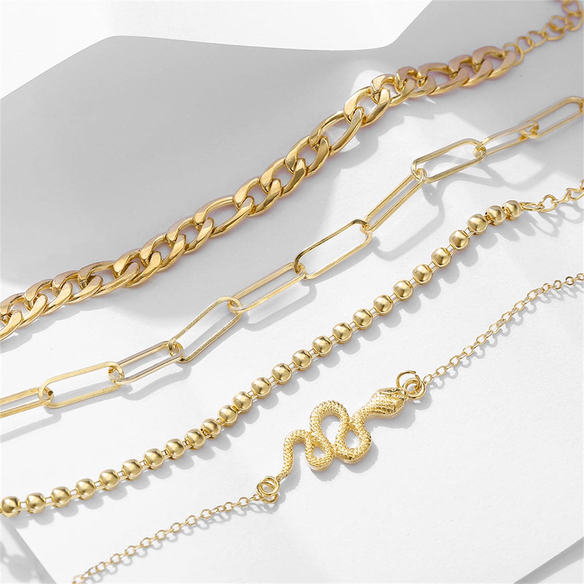 18K Gold-Plated Cable Chain Snake Anklet Set, jewelry gift sets for women, everyday style, side view