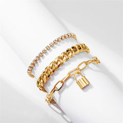 Cubic Zirconia & 18K Gold-Plated Cable Chain Lock Anklet Set