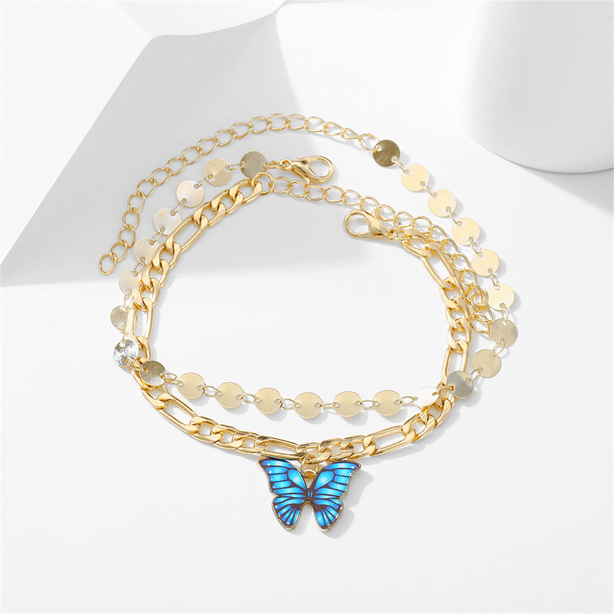 Enamel and 18K Gold-Plated Butterfly Anklet Set, jewelry gift sets for women, botanical inspired, detail close-up