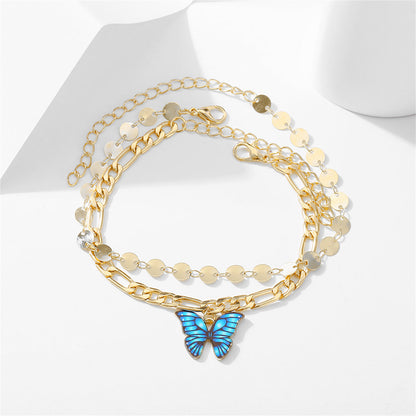 Enamel and 18K Gold-Plated Butterfly Anklet Set, jewelry gift sets for women, botanical inspired, detail close-up