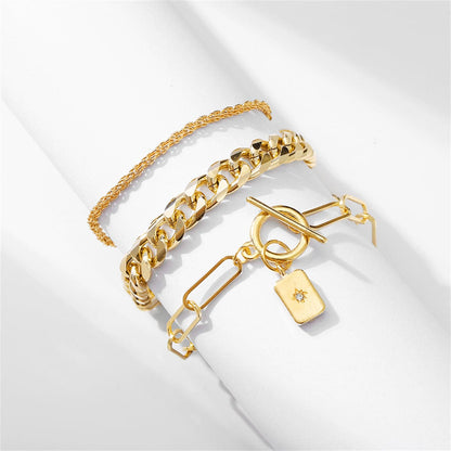 Cubic Zirconia and 18K Gold-Plated Cable Chain Toggle Bracelet Set, jewelry gift sets for women, detail close-up