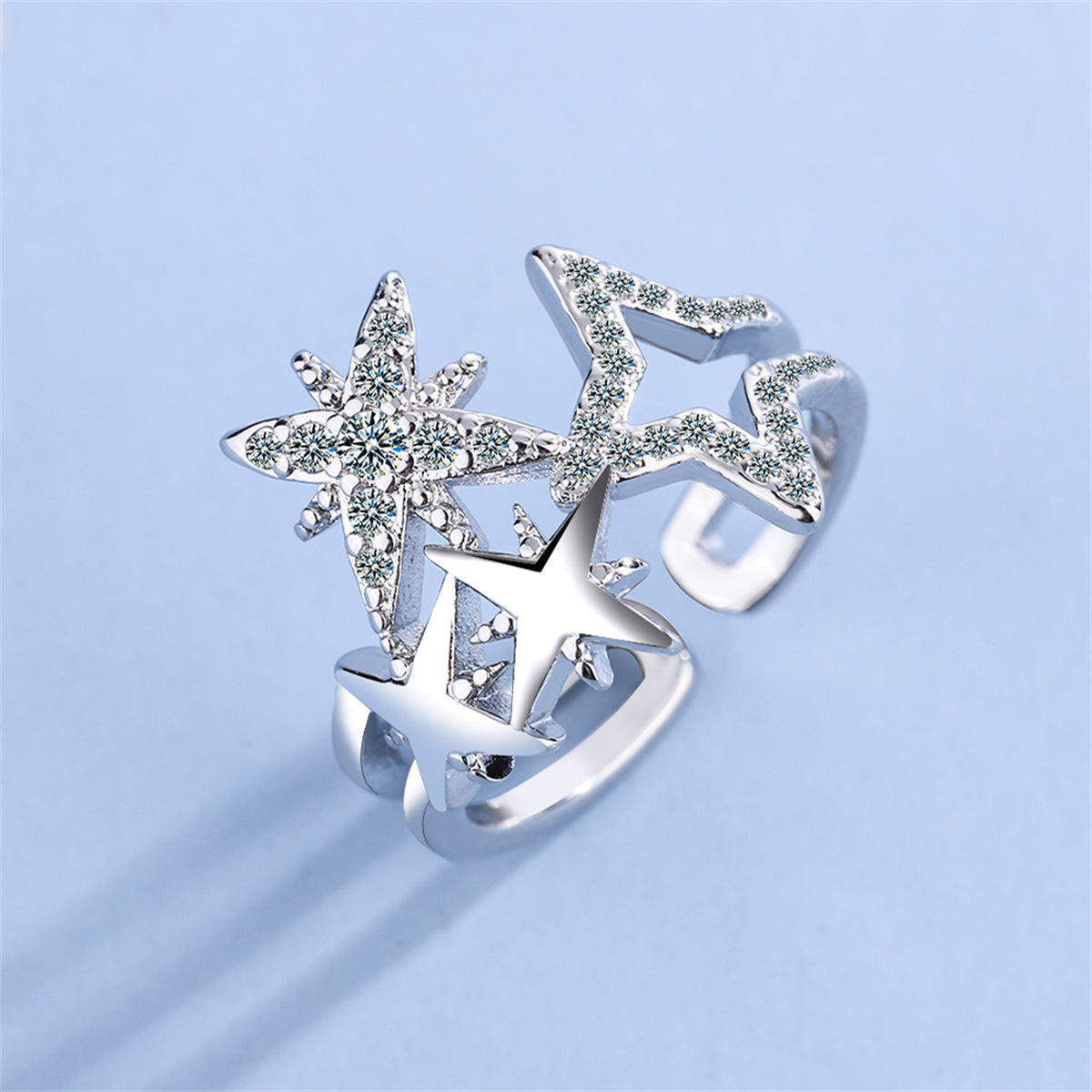 Cubic Zirconia and Silver-Plated Star Open Layered Ring, silver statement rings for women, side view