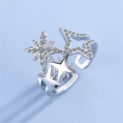 Cubic Zirconia and Silver-Plated Star Open Layered Ring, silver statement rings for women, side view