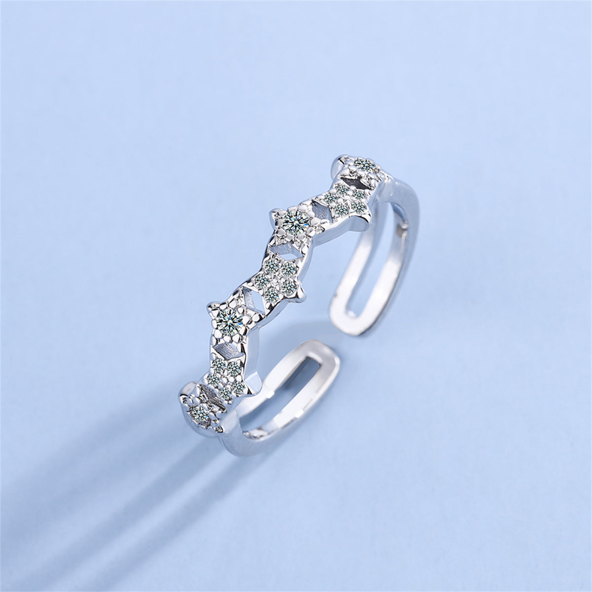 Cubic Zirconia and Silver-Plated Linked Star Open Band Ring, silver statement rings for women, botanical inspired, side view