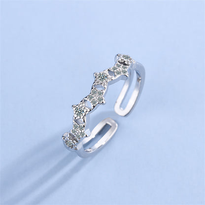 Cubic Zirconia and Silver-Plated Linked Star Open Band Ring, silver statement rings for women, botanical inspired, side view