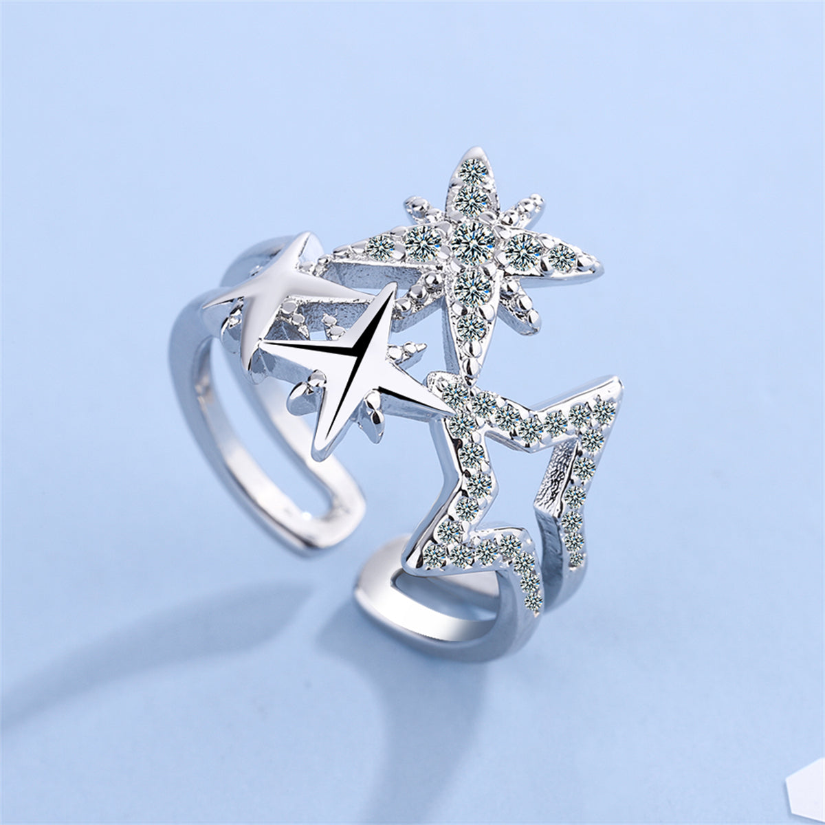 Cubic Zirconia and Silver-Plated Star Open Layered Ring, silver statement rings for women, detail close-up