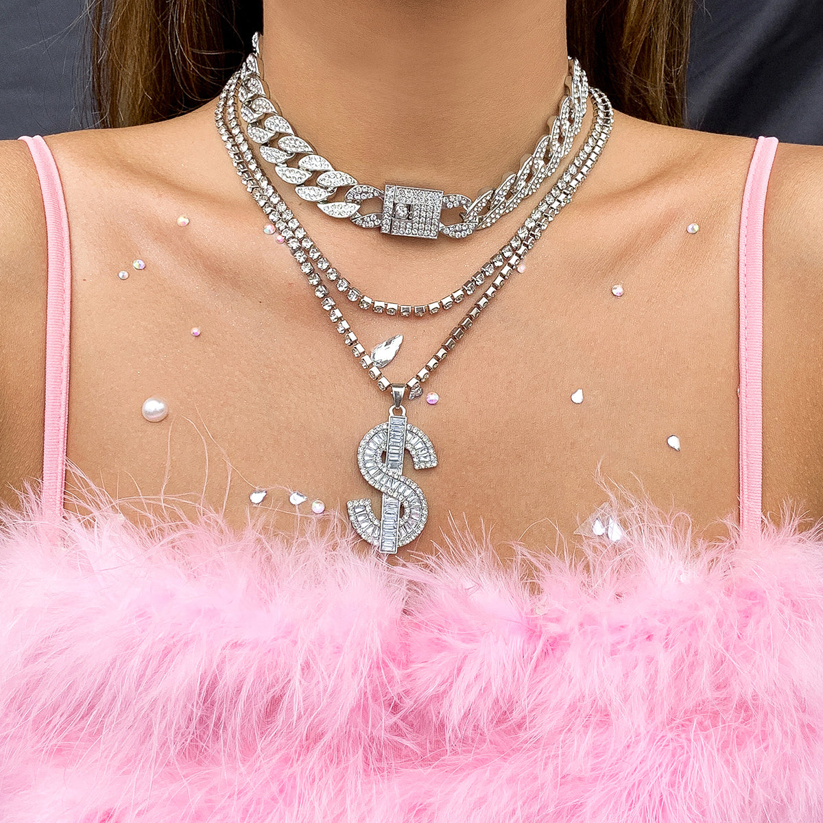 Cubic Zirconia & Silver-Plated Dollar Sign Pendant Necklace Set