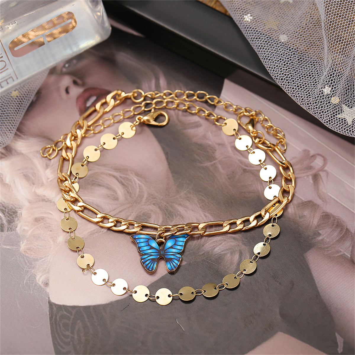 Enamel & 18K Gold-Plated Butterfly Anklet Set