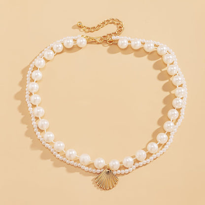 Pearl and 18K Gold-Plated Shell Layered Necklace, gold pendant necklace for women, vintage-inspired design, styled look