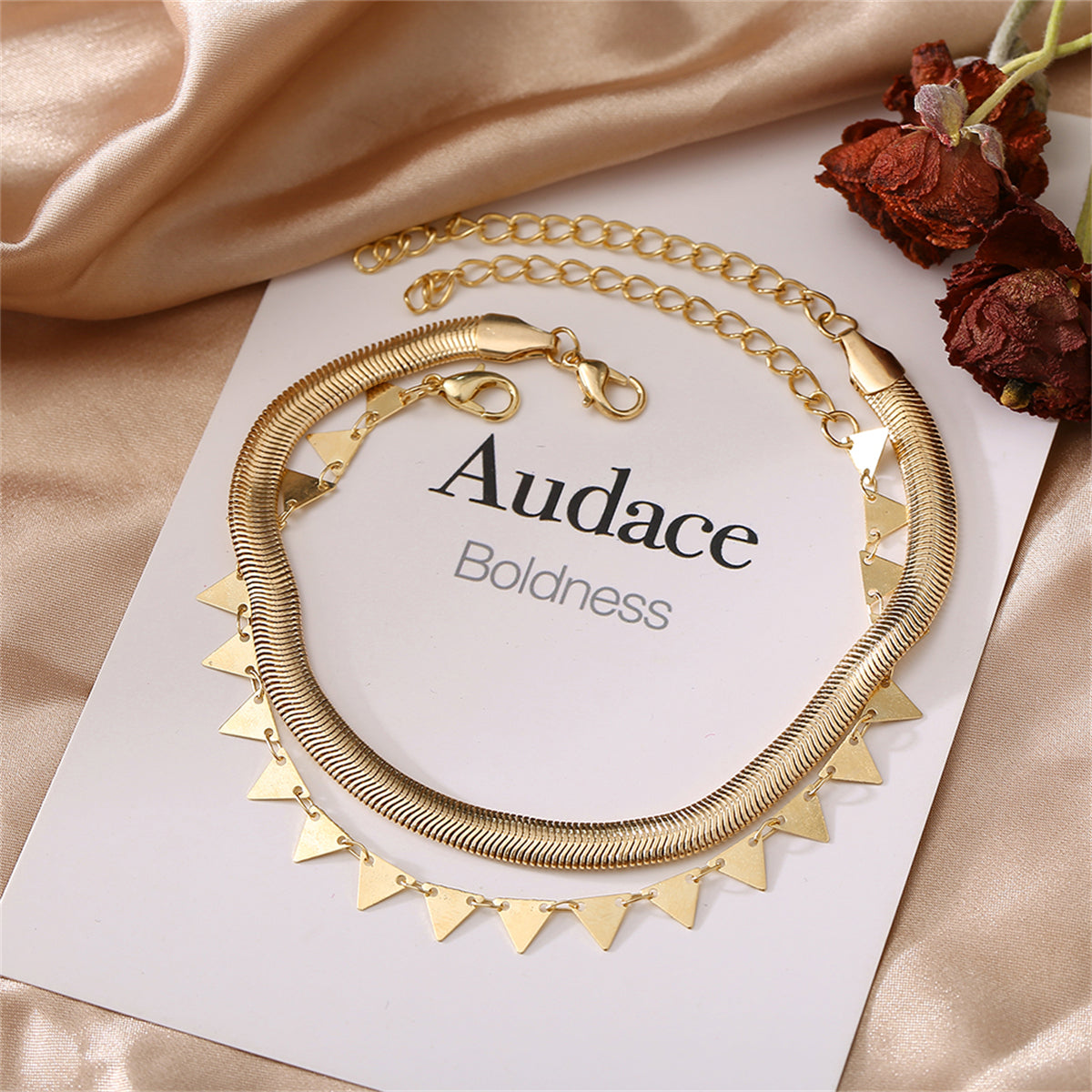 18K Gold-Plated Snake Chain & Triangle Station Anklet Set