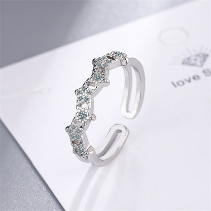 Cubic Zirconia and Silver-Plated Linked Star Open Band Ring, silver statement rings for women, botanical inspired, front view