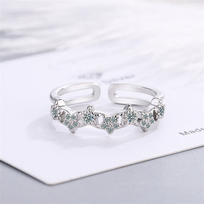 Cubic Zirconia and Silver-Plated Linked Star Open Band Ring, silver statement rings for women, detail close-up