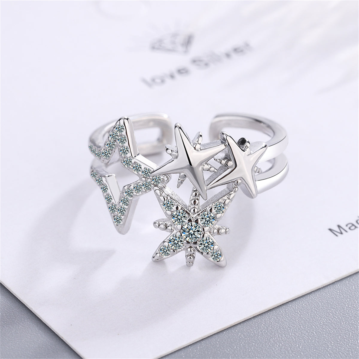 Cubic Zirconia and Silver-Plated Star Open Layered Ring, silver statement rings for women, lifestyle look